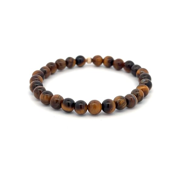 Gemstones Tiger's Eye 6mm Stretchable Bracelet 14k Gold Corrugated Bead Charm - Picture 4 of 6